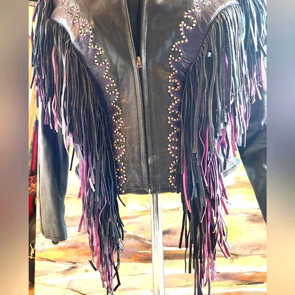 VTG 80s Black Leather Pink Purple Fringe Bike Zip Up Elastic Waist Jacket M - Picture 6 of 16
